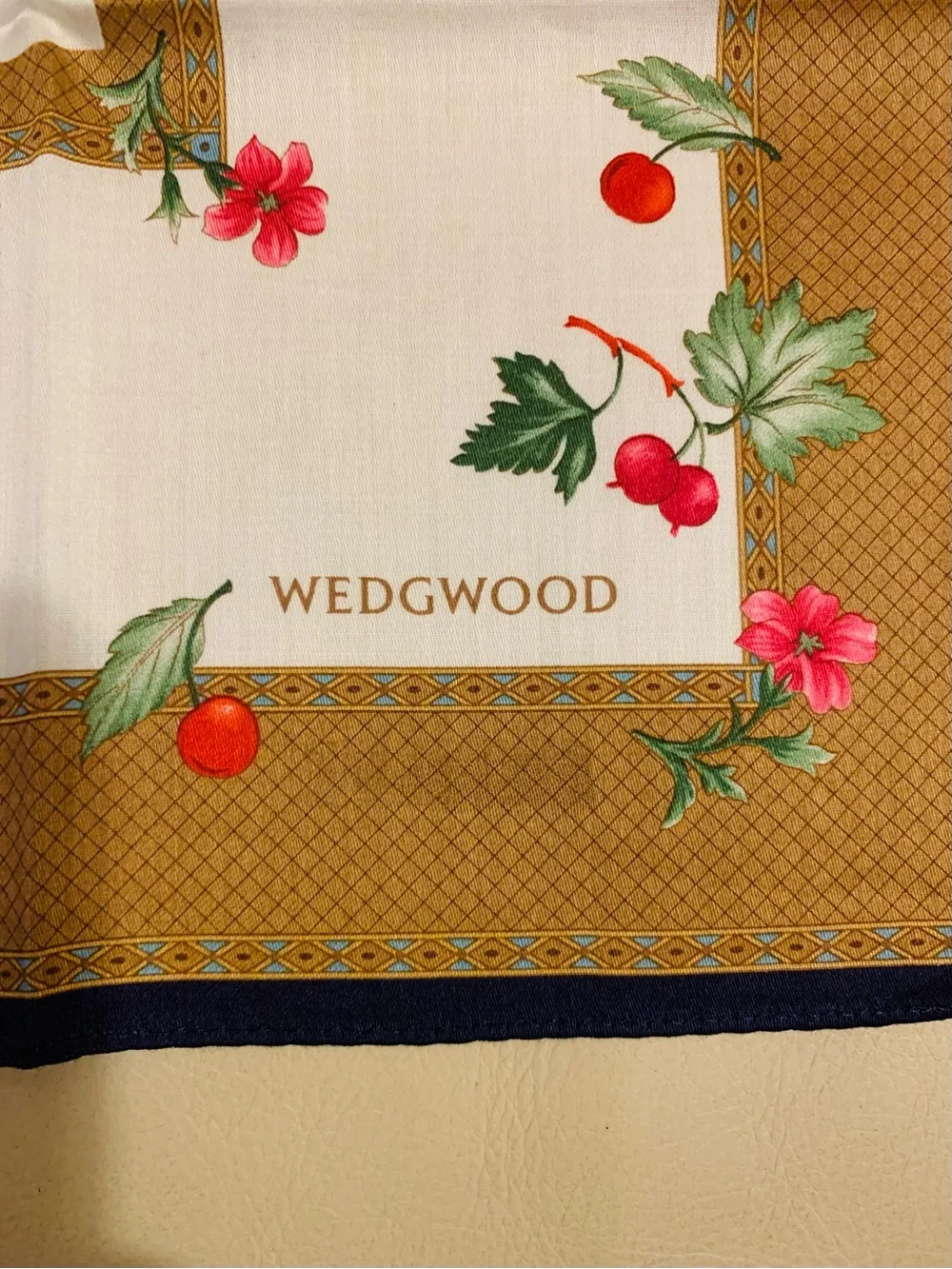 Wedgwood Cotton Handkerchief 19” Floral Berry Print Brown Border Made Japan NWOT